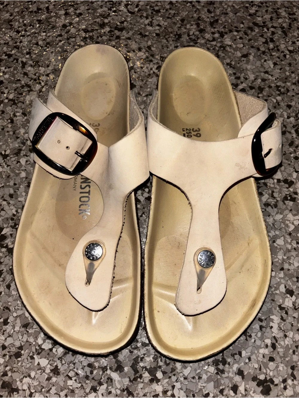 Birkenstock Cream Thong Sandals with Iridescent Buckle Gizeh Big Buckle